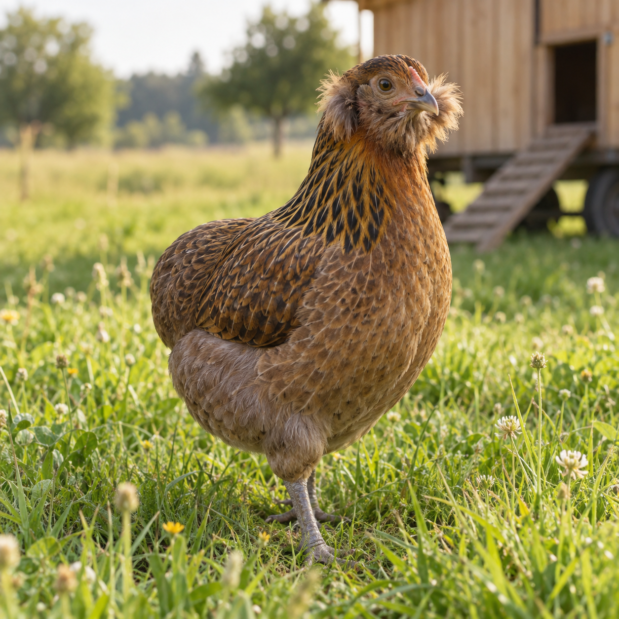 Schwanzlose Araucana-Henne mit Backenbart auf einer Wiese