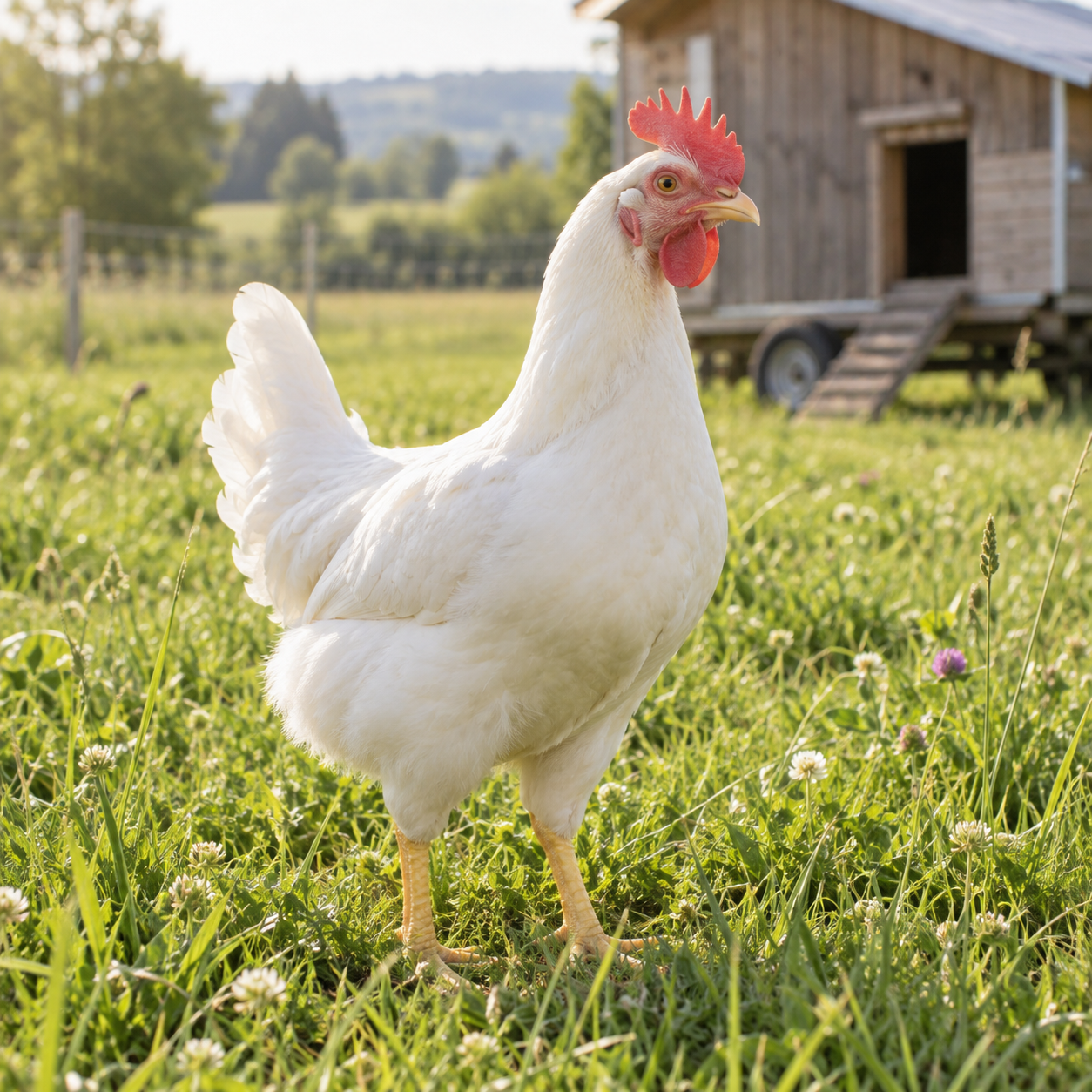 Schlanke weiße Legehybride vom Leghorn-Typ auf einer Wiese